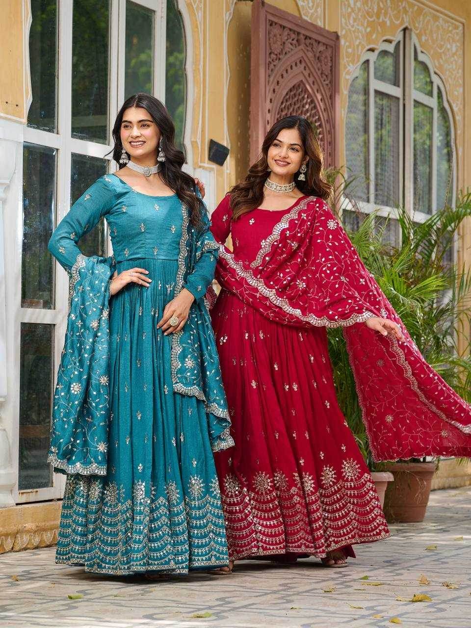 Vichitra Silk Embroidery Long Gowns - MYLUXURY LANE ENTERPRISE